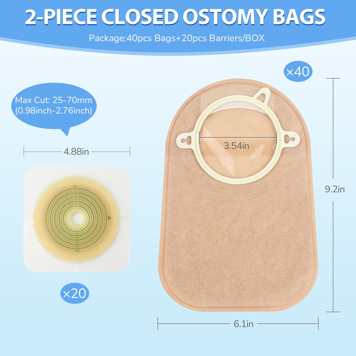 HEAGI 60pcs Colostomy Bags 2 Piece Closed End, Disposable Ostomy Pouch for Ileostomy, Travel Backup - HEAGI - Colostomy bags Supplies